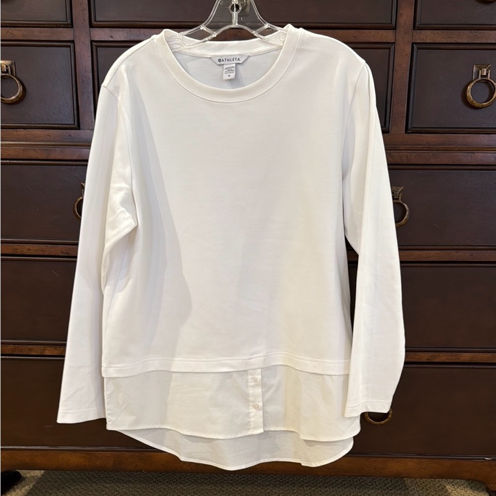 Athleta White Long Sleeve Cotton Blend Crew Neck Top